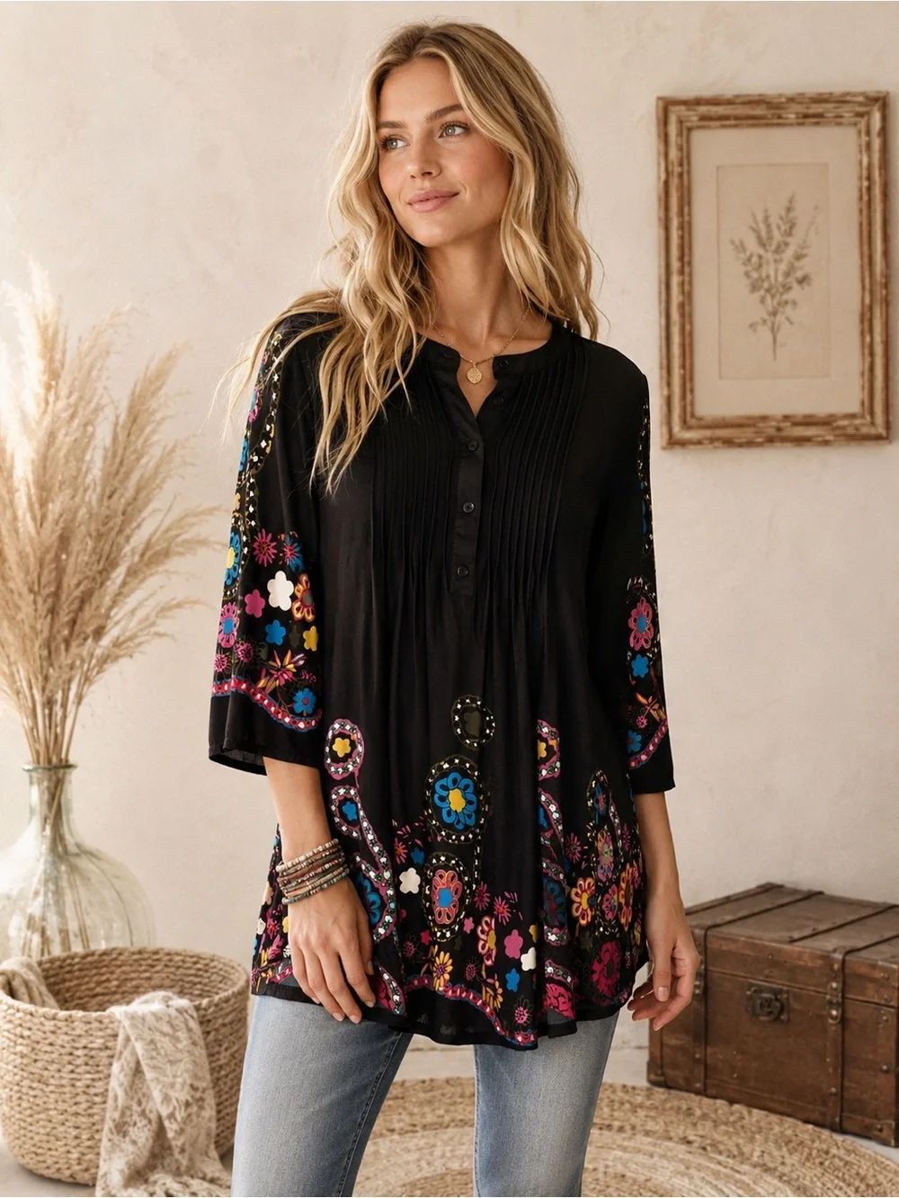 Reborn Black Floral Boho Chic Tunic Top
